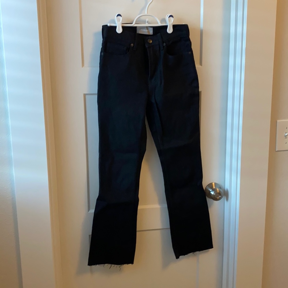 Everlane straight black jeans with raw hem 25